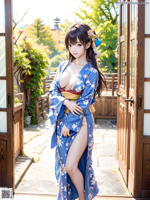 A woman in a kimono posing in the woods.