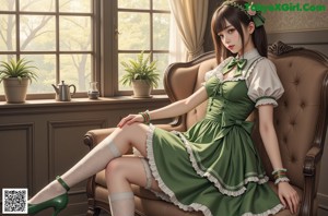 A girl in a green and white dress sitting on the floor.