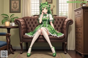 A girl in a green and white dress standing in front of a door.