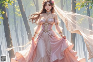 A woman in a wedding dress standing in the woods.