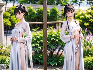 A woman in a kimono sitting on the ground.