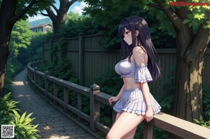 Anime girl in a school uniform sitting on a bed.