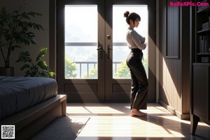 A woman in a white shirt is sitting on a table.