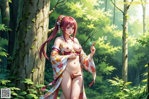 A woman in a red kimono posing for a picture.