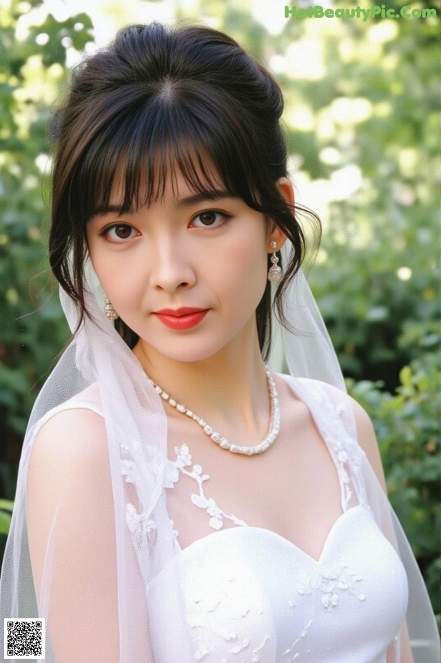 A woman in a wedding dress with a veil over her head.