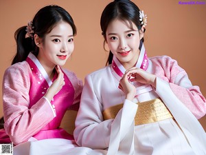 A woman in a red and white hanbok sitting on a bed.