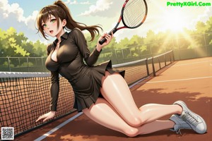 A woman holding a tennis racket on a tennis court.