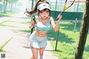 A woman in a bikini holding a tennis racket.