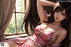 A woman in a pink lingerie sitting on a bed.