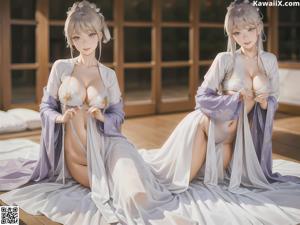 A woman in a white dress sitting on a rock by the water.