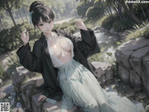 A woman in a blue kimono sitting on a bed.