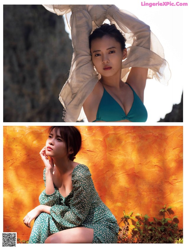 A woman in a green dress sitting on a rock.