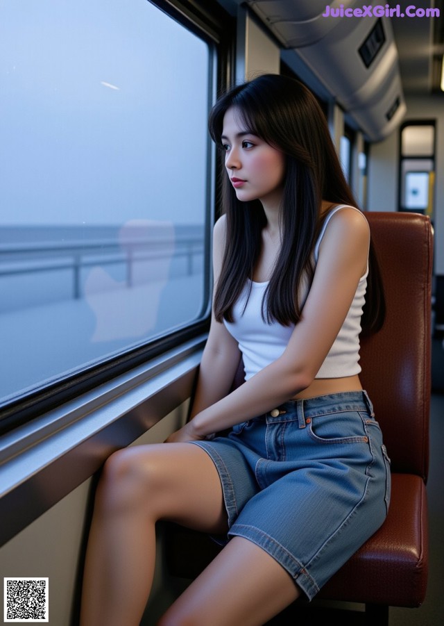 A woman sitting on a train looking out the window.