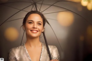 A woman in a black dress sitting on a white surface.