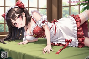 a woman in a red and white dress posing for a picture