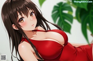 A woman in a red bikini sitting on a bed.