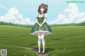 A girl in a green dress is walking down a path in the woods.