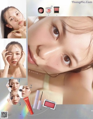 A magazine page with a picture of a woman applying makeup.