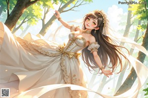 a woman in a wedding dress standing in the woods