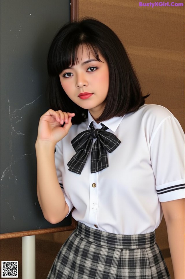 a woman in a white shirt and plaid skirt posing for a picture