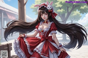 A woman in a red and white dress sitting on a window sill.
