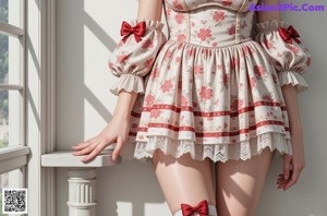 a woman in a red and white dress sitting on a table