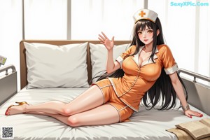 A woman in a nurse outfit sitting on the floor.