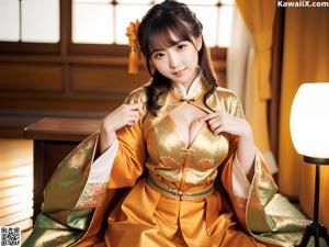 A woman in a green kimono sitting on a train.