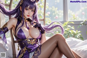 A woman in a purple and white outfit sitting on a chair.