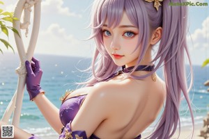A woman in a purple dress standing in a pool.