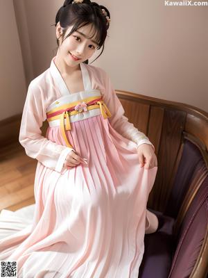 a woman in a green and orange hanbok