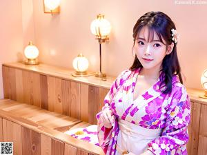 A woman in a pink kimono posing for a picture.