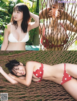 A woman in a bikini sitting on a bed.