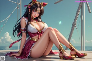 A woman in a sailor outfit sitting on a couch.