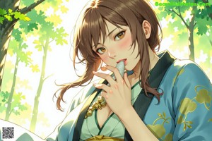 A woman in a kimono sitting on a log by the water.
