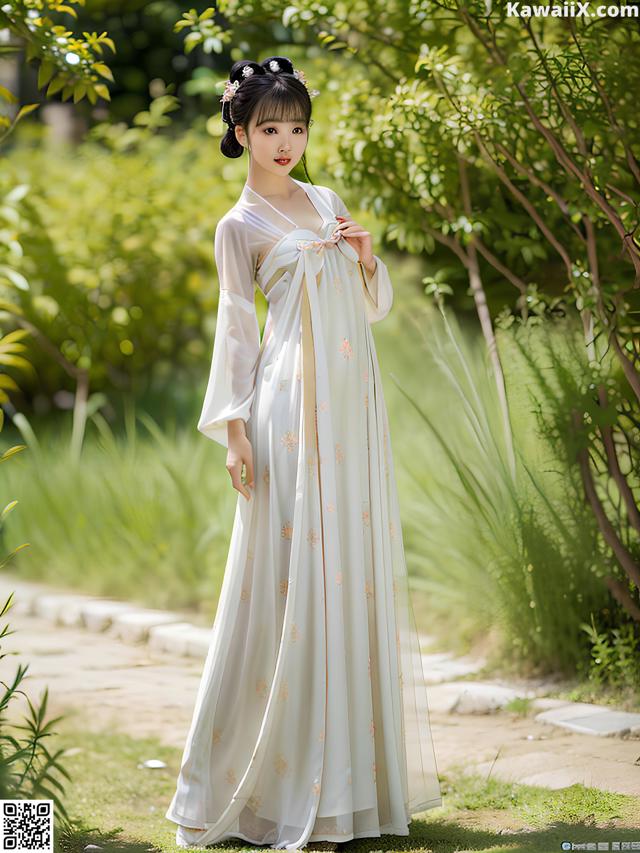A woman in a white dress standing in a garden.