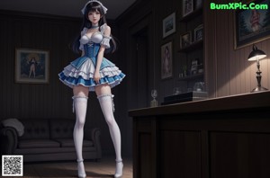 A woman in a blue and white dress sitting on a couch.