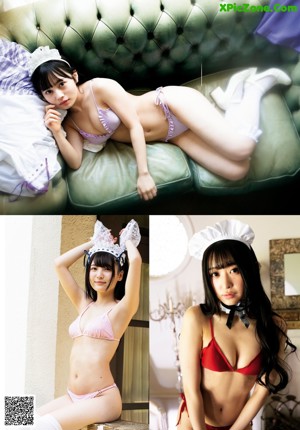 A group of young women dressed in maid outfits posing for a picture.