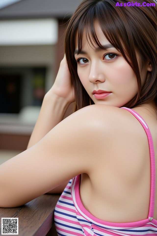 A woman in a pink and white striped tank top leaning on a wooden bench.