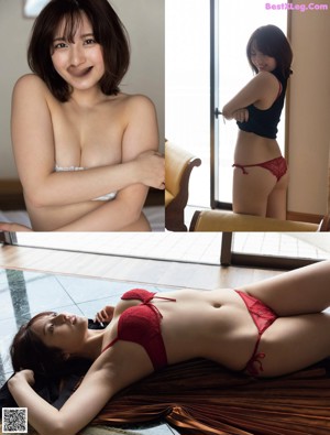 A woman in a red bra and panties sitting on a bed.