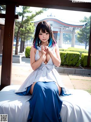 A woman in a blue dress sitting on a wooden bench.