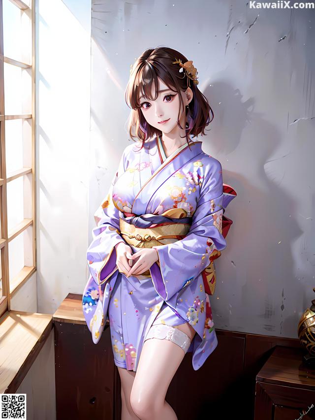 A woman in a kimono standing in front of a window.