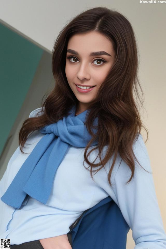 A woman in a blue shirt and a blue scarf.