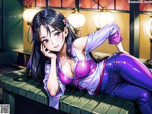 A woman in a purple kimono sitting on a wooden table.