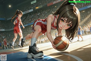 A woman in a white uniform holding a basketball on a court.