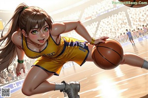 A woman in a white uniform holding a basketball on a court.